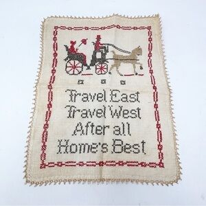 Antique Embroidery Sampler Completed Needlepoint Carriage Horse Hand Made Lace